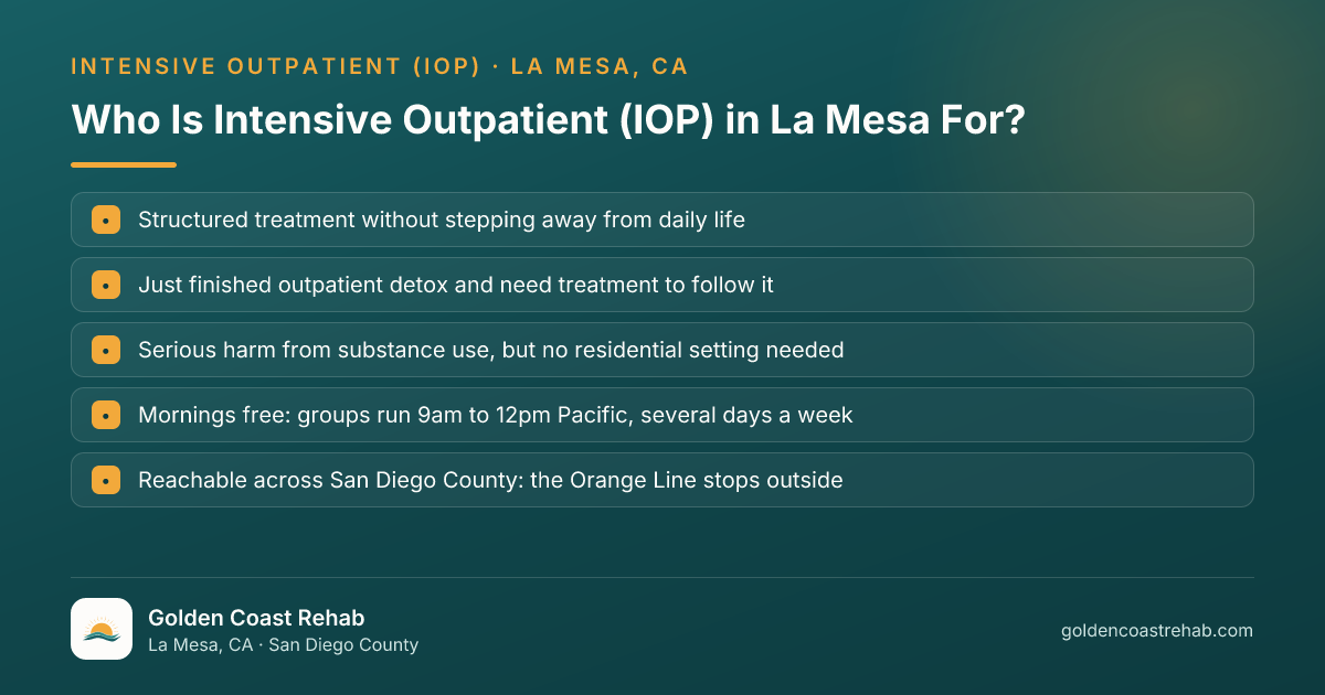 Who La Mesa Substance Use Intensive Outpatient Program (IOP) is for: eligibility checklist