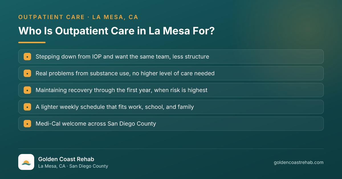 Who La Mesa Substance Use Outpatient Program (OP) is for: eligibility checklist