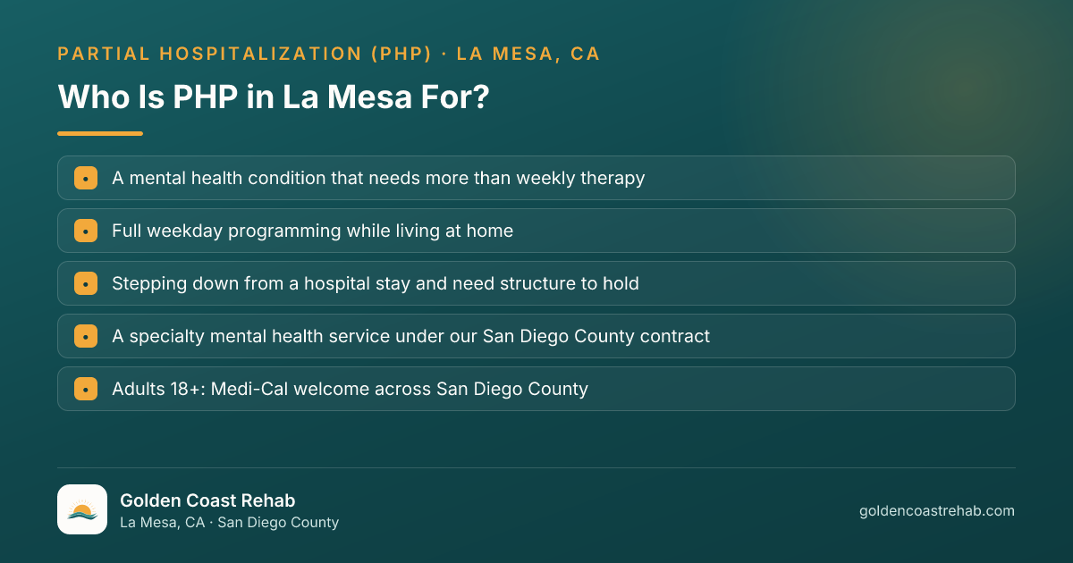 Who La Mesa Mental Health Partial Hospitalization Program (PHP) is for: eligibility checklist