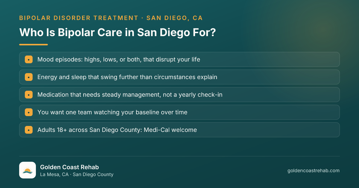 Who San Diego for Medi-Cal Adults Bipolar Disorder is for: eligibility checklist